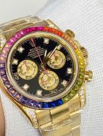 Rolex Daytona Replica with Rainbow Diamond Bezel Cal 7750 Movement 316L Steel Gold Strap Watch
